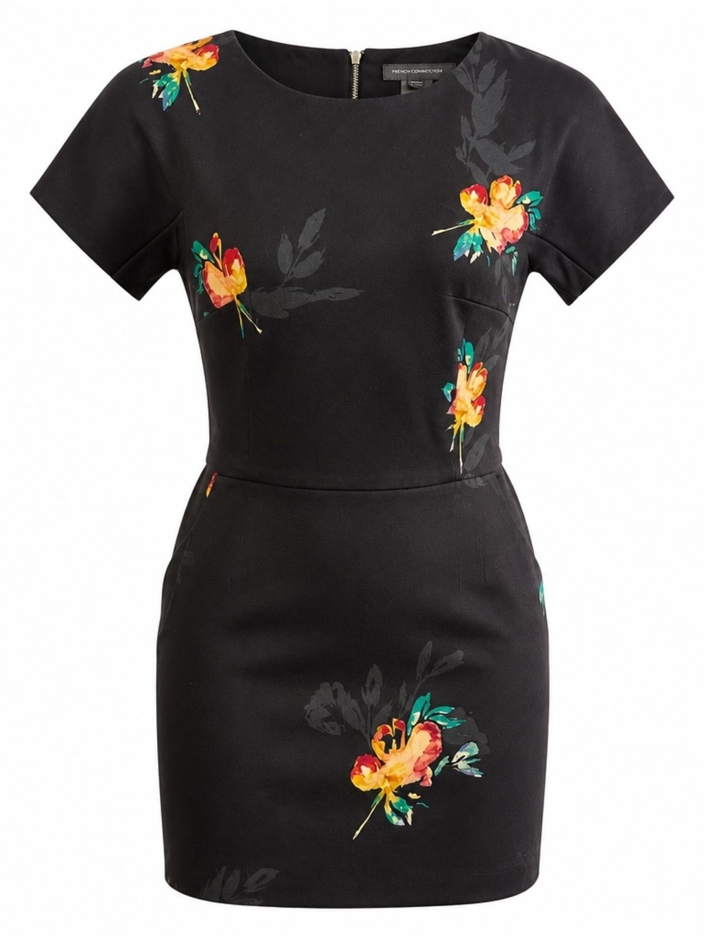 French Connection Black Mini Dress with Yellow & Teal Floral Print